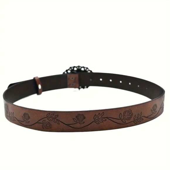Brown Floral Embossed Vegan Leather Belt with Ornate Buckle Rodeo Style - Picture 5 of 8